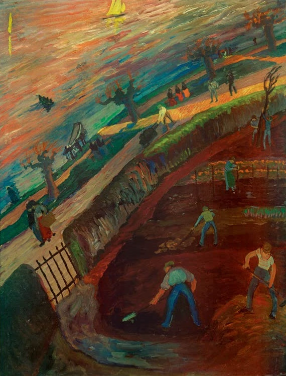 Marianne von Werefkin Die Bewegung Kunstkopie, Uferpromenade mit Spaziergängern über einem Garten, in dem Männer graben