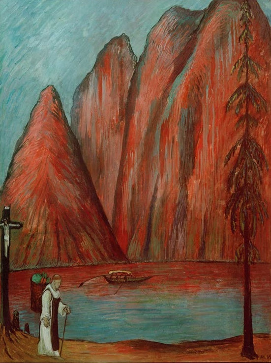 Marianne von Werefkin Die Entsagung Kunstkopie, Mönch mit Korb am Seeufer vor glühend roten Bergen und einem Wegkreuz
