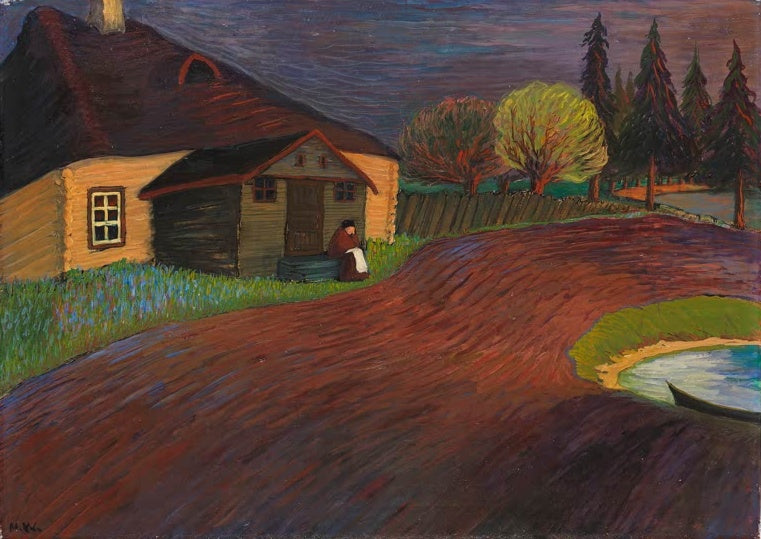 Marianne von Werefkin Die Erinnerung Kunstkopie, Blockhaus mit sitzender Frau am rotbraunen Feld, Tannen und Teich