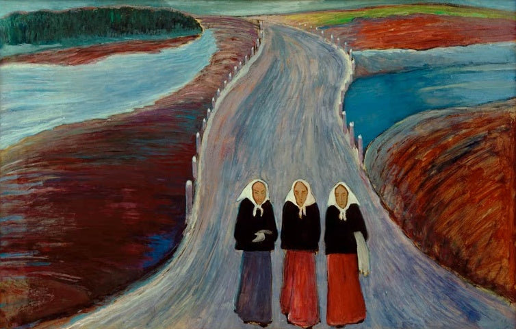 Marianne von Werefkin Die Landstraße Kunstkopie, drei Frauen mit weißen Kopftüchern auf einer geschwungenen Straße