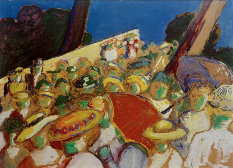 Marianne von Werefkin Die Menschenmenge Kunstkopie, dichtes Gedränge von Menschen mit Hüten und Schirmen unter blauem Himmel