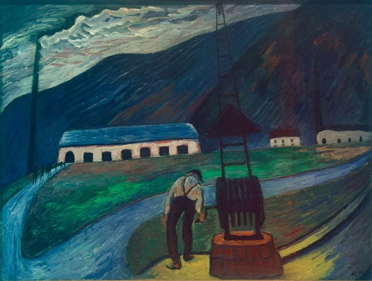 Marianne von Werefkin Die Mühsal Kunstkopie, Arbeiter an einer Seilwinde vor langer Fabrikhalle, Schornstein und Bergen