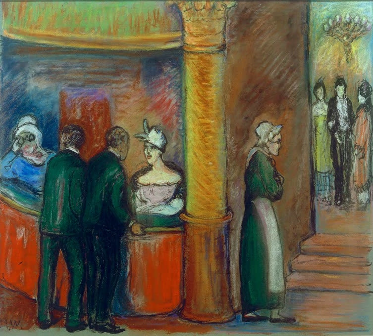 Marianne von Werefkin Die Platzanweiserin Kunstkopie, Theaterfoyer mit goldener Säule, Schalter und Frau in Schürze