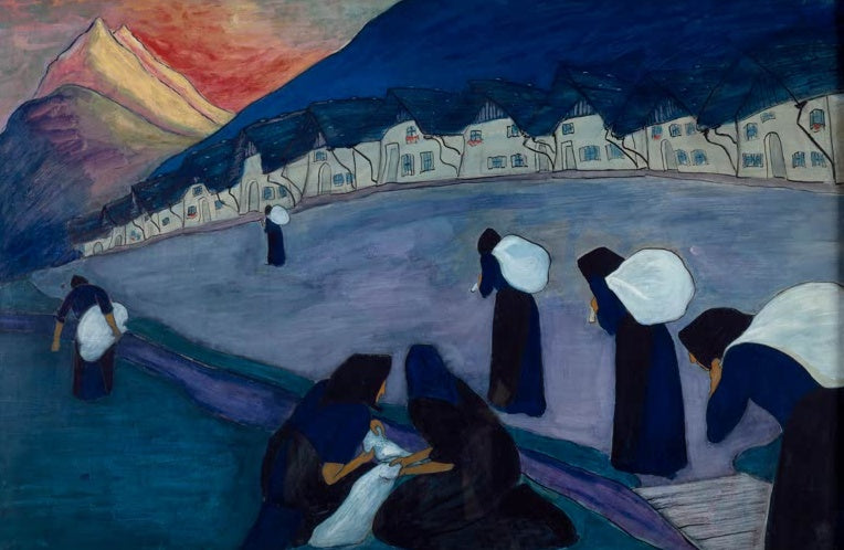 Marianne von Werefkin Die Schwarzen Frauen Kunstkopie, schwarz gekleidete Frauen mit weißen Bündeln vor Dorf und Berg