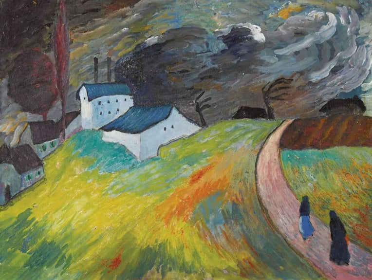 Marianne von Werefkin Dorflandschaft mit zwei heimkehrenden Frauen Kunstkopie, zwei Frauen auf rosa Weg unter Sturmhimmel