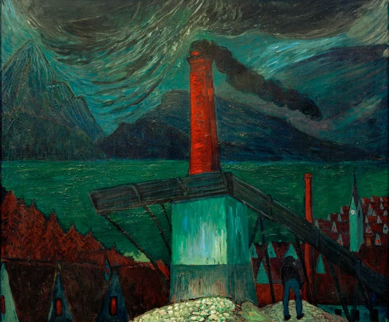 Marianne von Werefkin Eisengießerei in Oberstdorf Kunstkopie, roter Schornstein und Kran vor grünem Wasser und dunklen Bergen