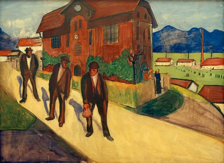 Marianne von Werefkin Feierabend Kunstkopie, drei Arbeiter gehen auf gelber Straße an einer roten Fabrik und Bergen vorbei