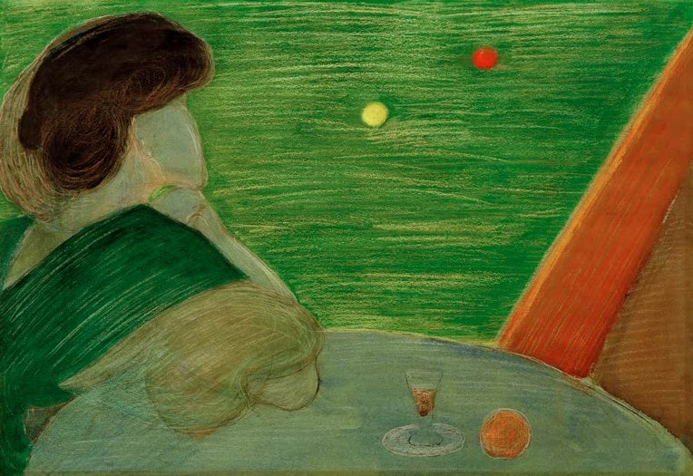 Marianne von Werefkin Frau am Billardtisch Kunstkopie, nachdenkliche Frau am Tisch mit Glas und Orange vor grünem Spielfeld