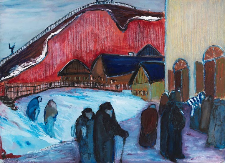 Marianne von Werefkin Freitagabend, Synagoge Kunstkopie, Menschen im Schnee vor Synagoge und rotem Berghang