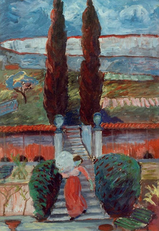 Marianne von Werefkin Frühlingslandschaft mit Mädchen Kunstkopie, Mädchen im roten Rock auf einer Treppe zwischen Zypressen