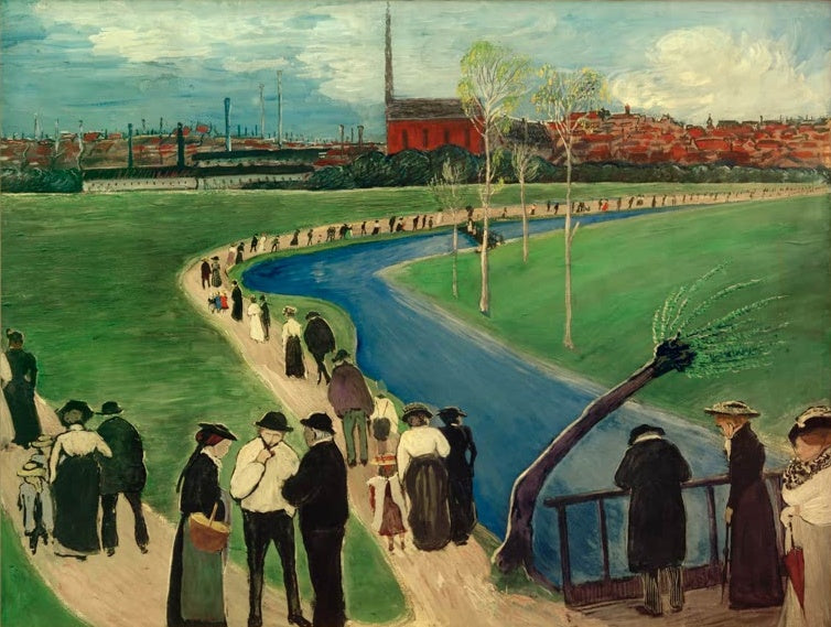 Marianne von Werefkin Frühlingssonntag Kunstkopie, Spaziergänger am blauen Fluss vor grünen Wiesen und einer Stadt