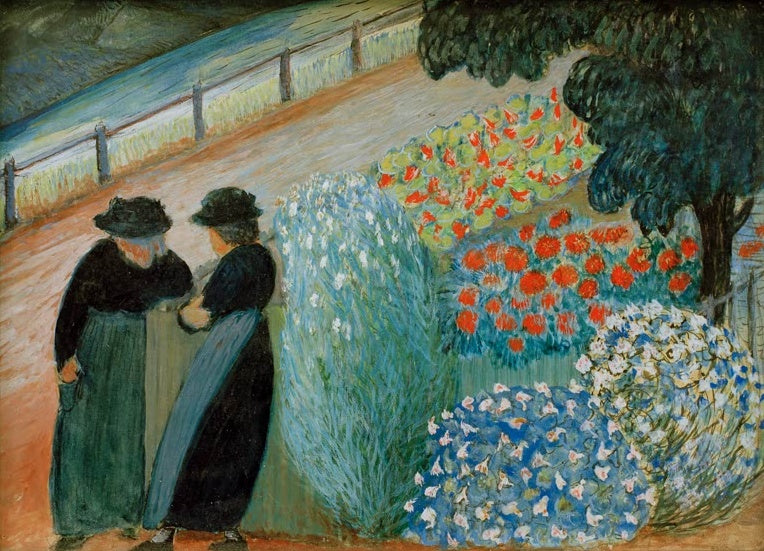 Marianne von Werefkin Garten der Frauen Kunstkopie, zwei Frauen in dunkler Kleidung vor leuchtenden Blumenbeeten am Weg