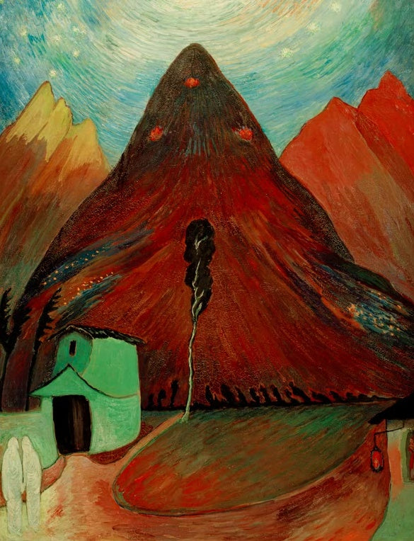 Marianne von Werefkin Gespensternacht Kunstkopie, glühend roter Berg mit grünem Haus unter Sternenhimmel