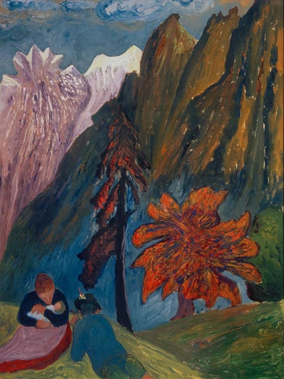 Marianne von Werefkin Herbstidyll Kunstkopie, Mutter mit Kind unter einem orangeroten Herbstbaum vor steilen Bergen