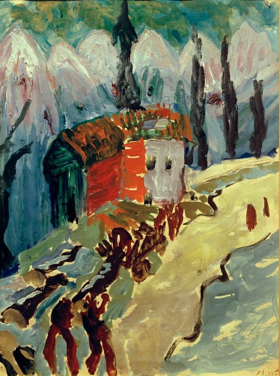 Marianne von Werefkin Holzabfuhr in den Bergen im Schnee Kunstkopie, rote Hütte, Baumstämme und blasse Schneeberge