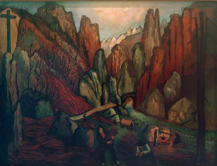 Marianne von Werefkin Holzfäller Kunstkopie, Waldarbeiter mit Reisigbündeln zwischen roten Felsen und einem Kreuz