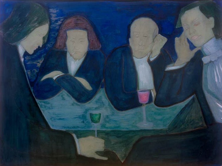 Marianne von Werefkin Im Café Kunstkopie, vier schweigende Gäste in tiefem Blau an einem türkisfarbenen Tisch mit Gläsern