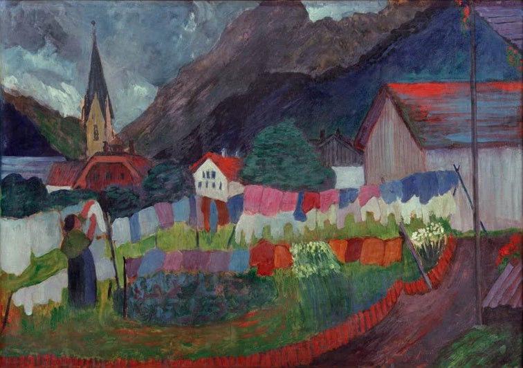 Marianne von Werefkin Im Dorf Kunstkopie, bunte Wäscheleinen und eine Frau vor Kirchturm, Häusern und dunklen Bergen