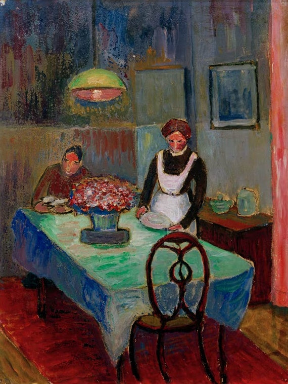 Marianne von Werefkin Im Hause Chrustovs bei St. Prex Kunstkopie, gedeckter Tisch mit Blumen und Frau in weißer Schürze