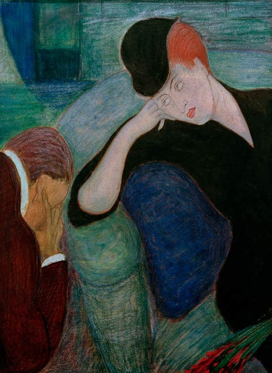 Marianne von Werefkin Interieur mit sitzendem Paar Kunstkopie, Frau mit dunklem Hut und eine Gestalt mit verborgenem Gesicht