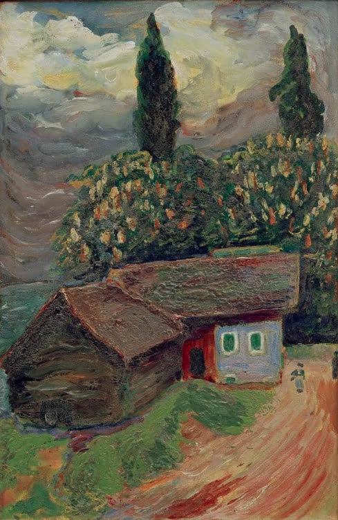 Marianne von Werefkin Kate mit Kastanienbaum Kunstkopie, braunes Haus unter blühenden Kastanien und Zypressen