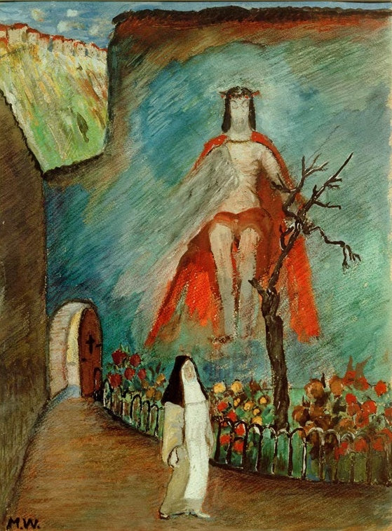 Marianne von Werefkin Klostergarten Kunstkopie, Nonne im Blumengarten vor einer schwebenden Christusgestalt in Rot
