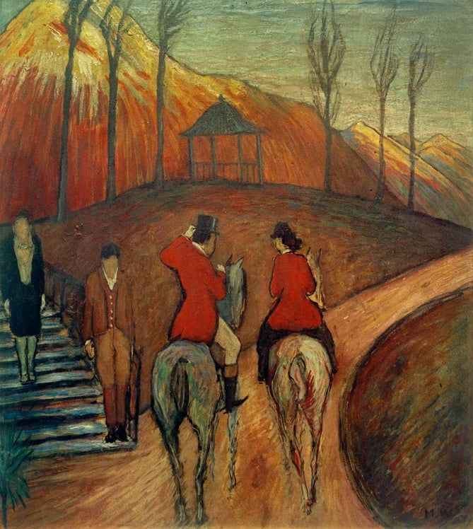 Marianne von Werefkin Landschaft mit Reiter und Reiterin Kunstkopie, zwei Reiter in roten Jacken vor orangeroten Bergen