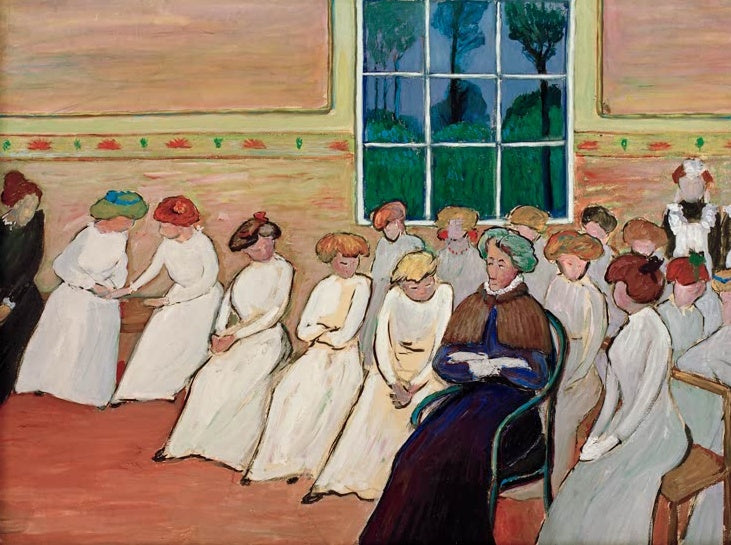 Marianne von Werefkin Mädchenpensionat Kunstkopie, Mädchen in weißen Kleidern in einem Saal mit Fenster und einer Aufseherin