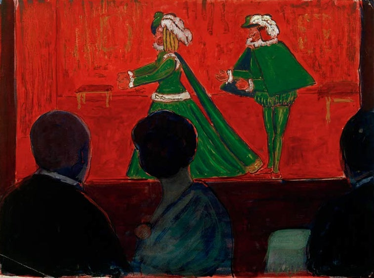 Marianne von Werefkin Marionettentheater Kunstkopie, grün gekleidete Figuren auf roter Bühne vor dunklen Zuschauern