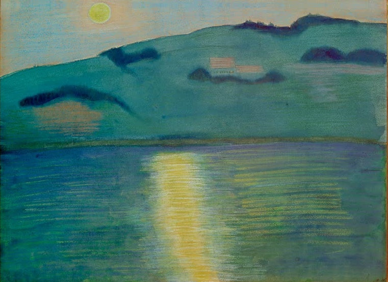 Marianne von Werefkin Mondscheinlandschaft Kunstkopie, grüner Hügel mit Haus über einem See, in dem sich der Mond spiegelt