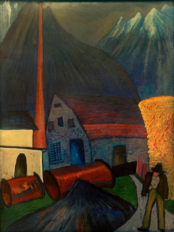 Marianne von Werefkin Obersdorf, Schindelfabrik Kunstkopie, Fabrik mit rotem Schornstein, rostroten Tanks und Arbeiter