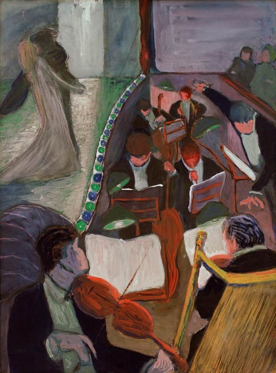 Marianne von Werefkin Orchester Kunstkopie, Musiker im Orchestergraben mit Cello, Geige und Harfe, oben ein tanzendes Paar