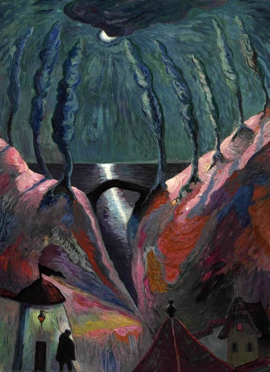 Marianne von Werefkin Phantastische Nacht Kunstkopie, Mondlicht über Wasser zwischen leuchtend farbigen Hängen