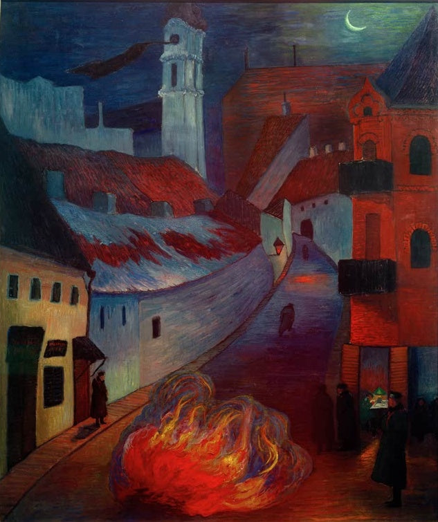 Marianne von Werefkin Polizeiposten in Wilna Kunstkopie, nächtliche Altstadtgasse mit Feuer, Kirchturm und Mondsichel