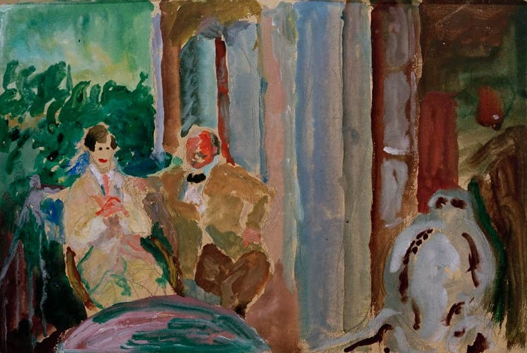 Marianne von Werefkin Sacharoff und Jawlensky auf dem Balkon in St. Prex Kunstkopie, zwei Gestalten vor grünem Laub