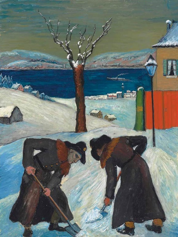 Marianne von Werefkin Schnee über Nacht Kunstkopie, Männer schaufeln Schnee am See mit Dampfschiff und verschneiten Häusern