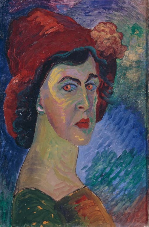Marianne von Werefkin Selbstbildnis I Kunstkopie, Selbstbildnis mit rotem Hut und orangefarbenen Augen vor blauem Grund