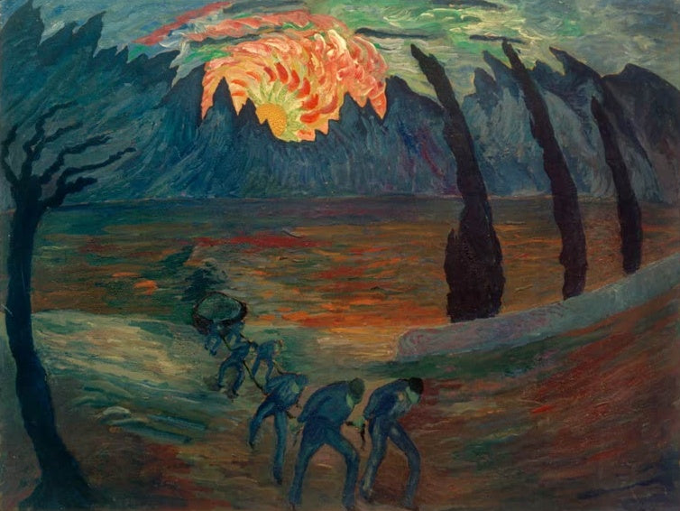 Marianne von Werefkin Sonnenaufgang Kunstkopie, flammende Sonne über dunklen Bergen, Zypressen und Männern am Seeufer