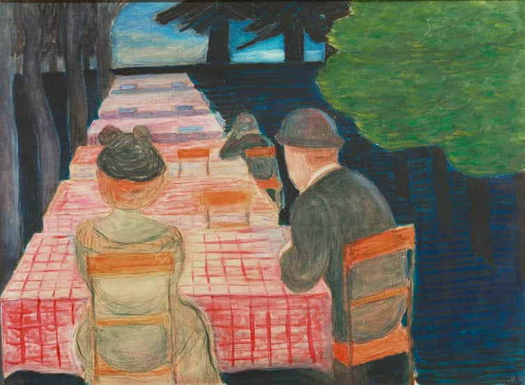 Marianne von Werefkin Sonntagnachmittag Kunstkopie, Paar von hinten an rot karierten Tischen im Gartenlokal