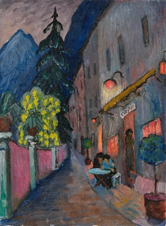 Marianne von Werefkin Straßencafé Kunstkopie, Paar am Tisch in einer abendlichen Gasse mit roten Lampen und blauen Bergen