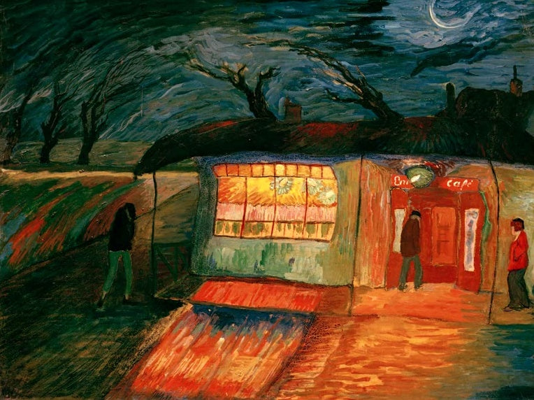 Marianne von Werefkin Sturmwind Kunstkopie, erleuchtetes Café in stürmischer Nacht mit Mondsichel und gebogenen Bäumen