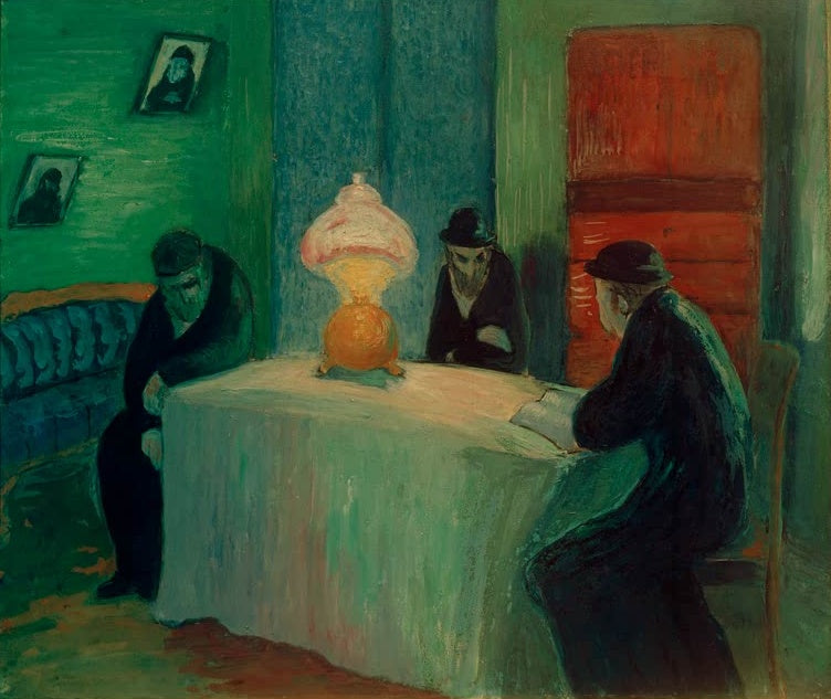 Marianne von Werefkin Talmudleser Kunstkopie, drei Männer in dunkler Kleidung um einen Tisch mit leuchtender Lampe