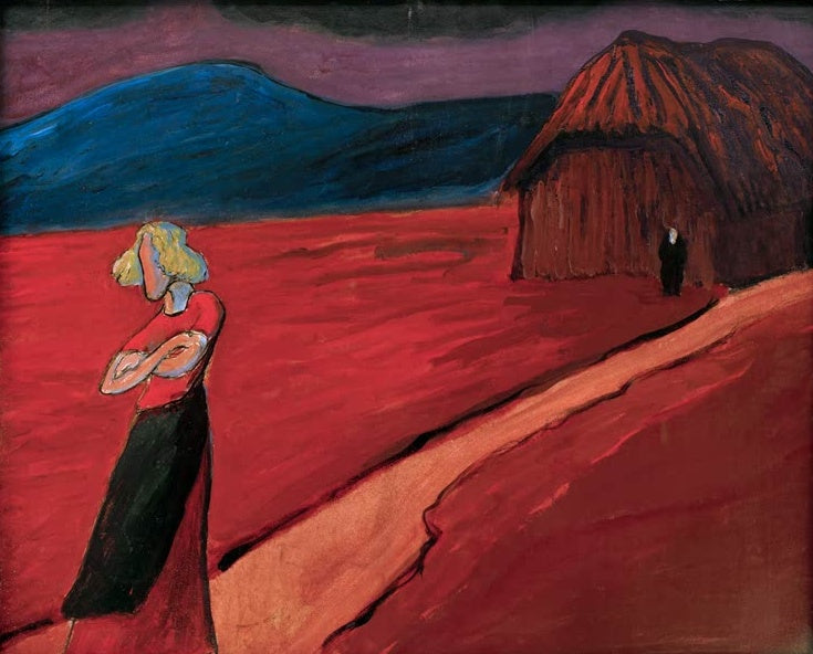 Marianne von Werefkin Tragische Stimmung Kunstkopie, blonde Frau mit verschränkten Armen vor roter Landschaft und Hütte
