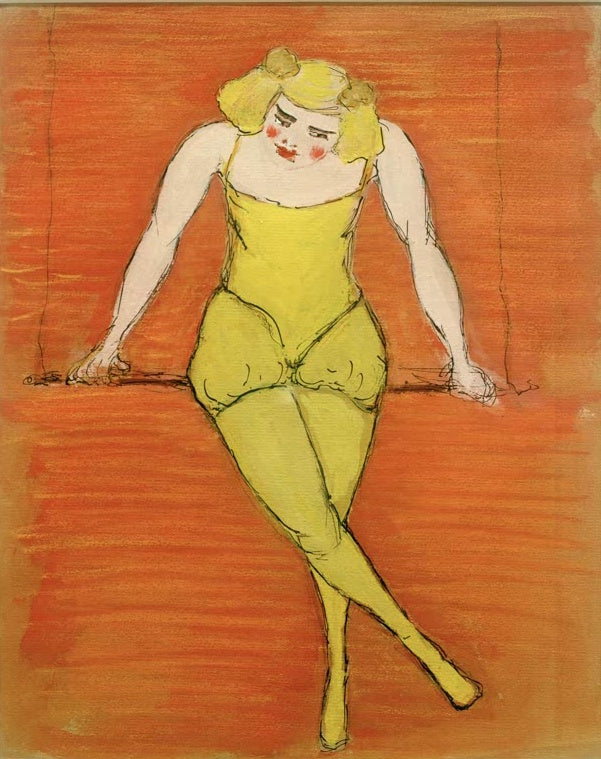 Marianne von Werefkin Trapezkünstlerin Kunstkopie, blonde Artistin in gelbem Trikot auf einem Trapez vor orangem Grund