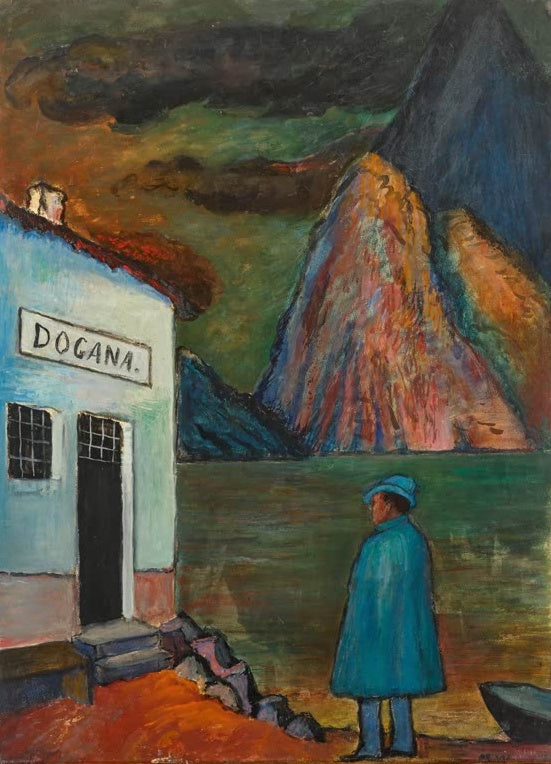 Marianne von Werefkin Vor dem Sturm Kunstkopie, Mann im türkisen Umhang am Seeufer vor Zollhaus und farbigen Bergen