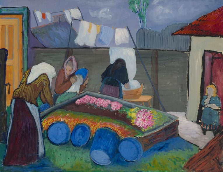 Marianne von Werefkin Waschfrauen, 1904 Kunstkopie, Waschfrauen im Hof mit Wäscheleine, blauen Fässern und einem Kind