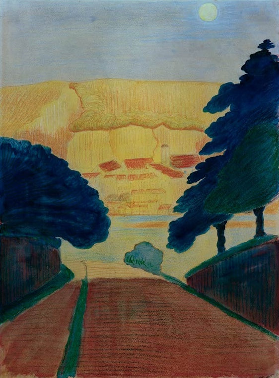 Marianne von Werefkin Wasserburg Kunstkopie, Straße zwischen dunkelblauen Bäumen zu einer Stadt mit roten Dächern