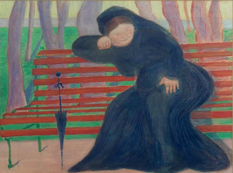 Marianne von Werefkin Witwe auf der Bank Kunstkopie, Frau in dunklem Trauerkleid auf roter Parkbank mit Schirm im Grünen