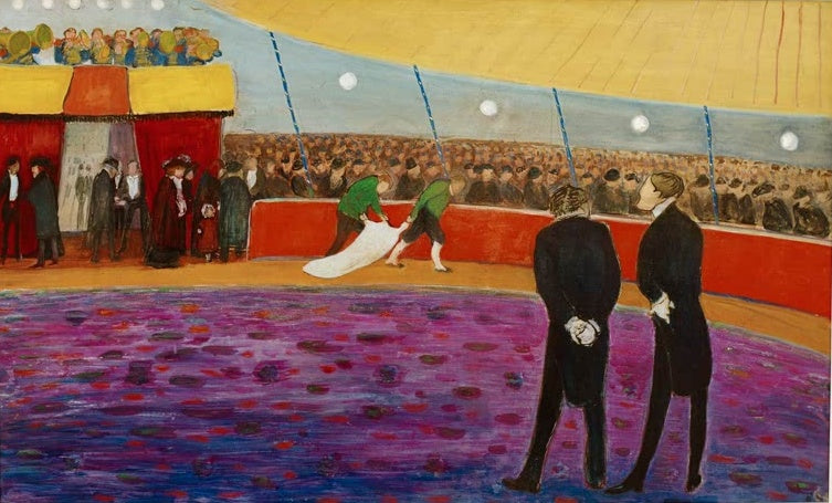 Marianne von Werefkin Zirkus Kunstkopie, zwei Herren im Frack in der violetten Manege vor dem Publikum