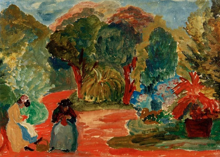 Marianne von Werefkin Zwei Frauen im Park Kunstkopie, zwei sitzende Frauen auf rotem Weg unter üppigen Bäumen